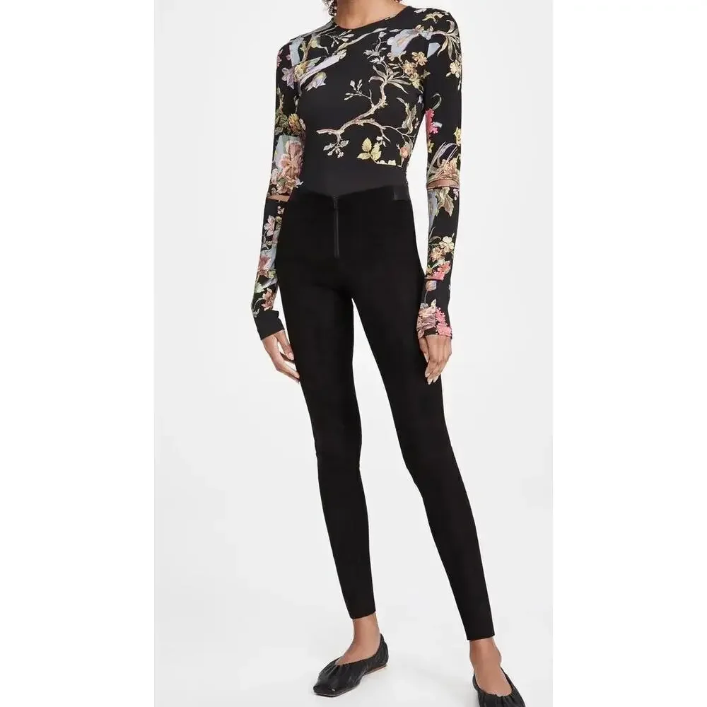 Alice + Olivia Front Zip Black Lambskin Suede Leggings Size 4